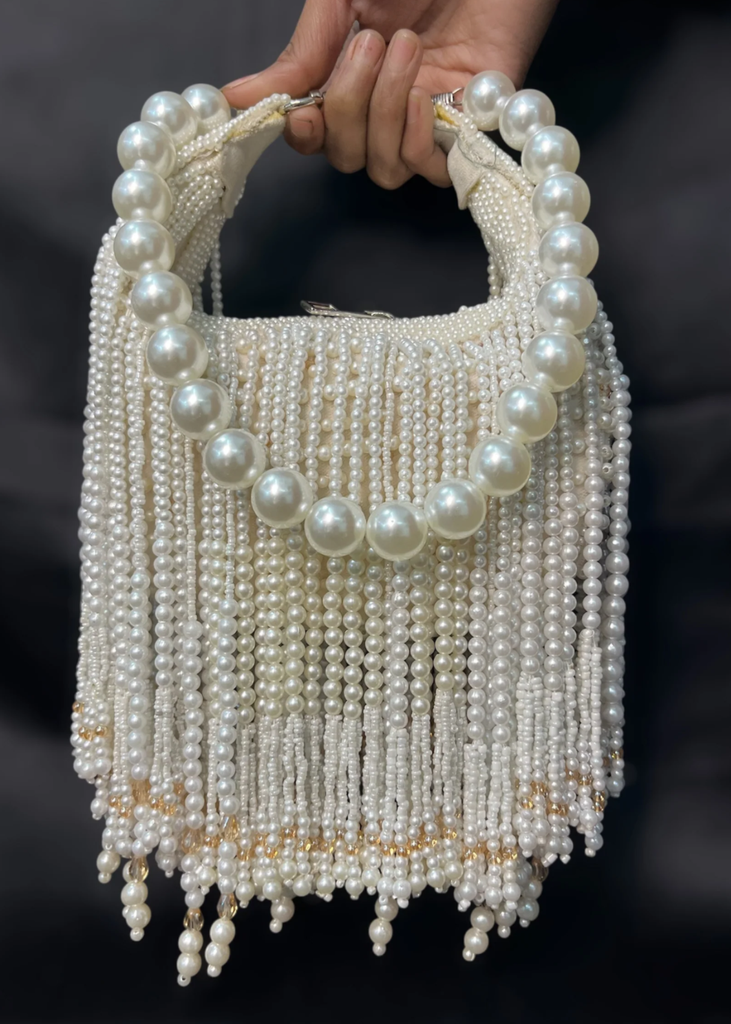 White Pearl Tassel Bucket Bag - Luxury Bridal Handbag
