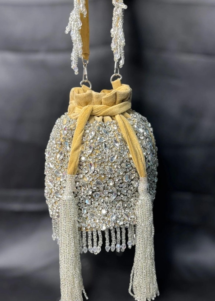 Yellow Embellished Velvet Potli Bag with Pearl Tassels - Bridal Handbag
