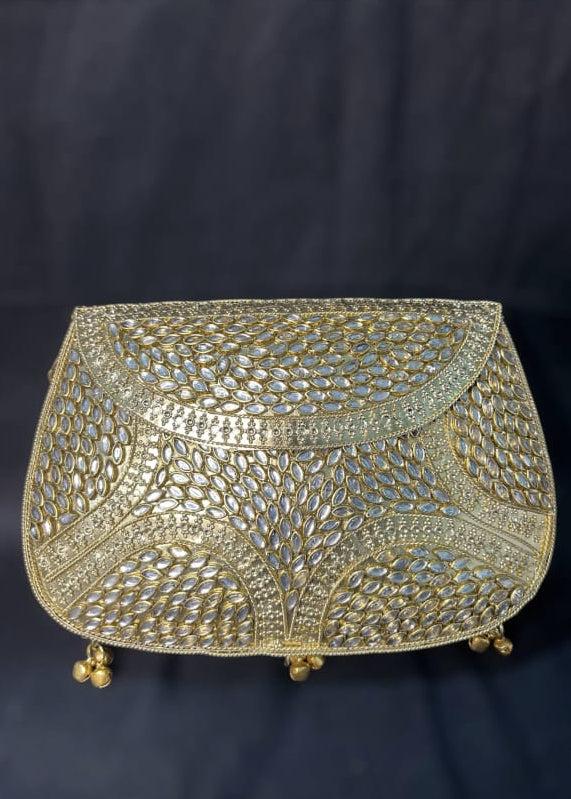 Royal Gold Metallic Kundan Chain Clutch