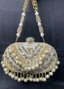 gold pearl-embellished embroidered designer clutch bag
